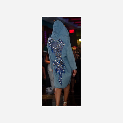Hand Stitched Sequin Embroidered Long Denim Jacket